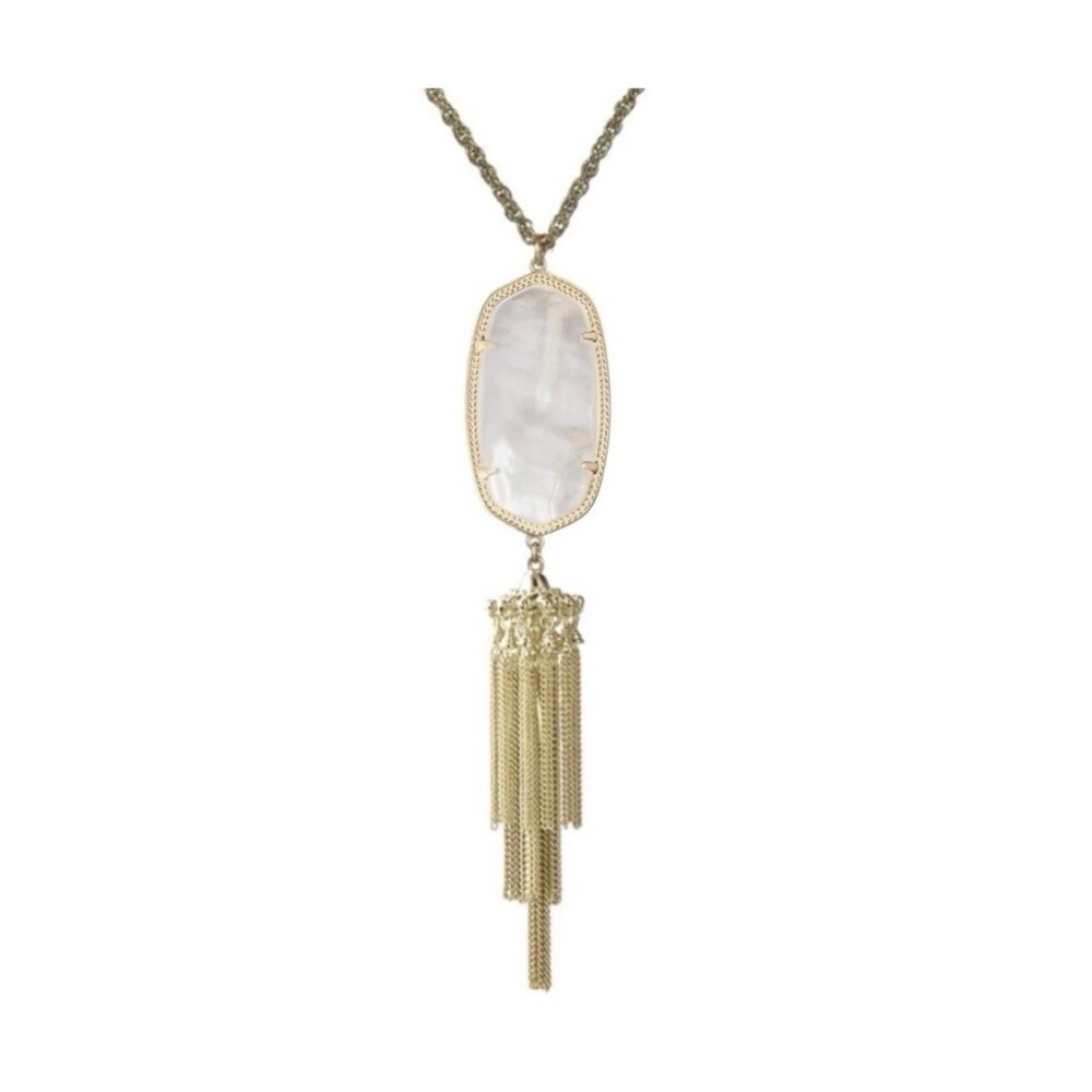Kendra Scott Rayne White Mother of Pearl Gold Tone Tassel Necklace Longline